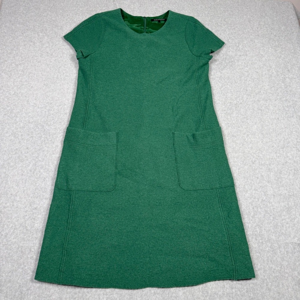 Luisa Cerano Green Virgin Wool Short Sleeve Mod Shift Dress with Pockets Size 10